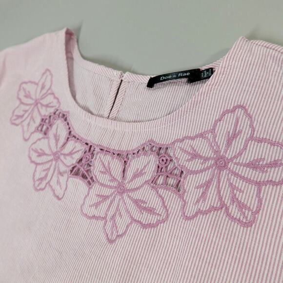 Womens Peplum Top Medium Pink Striped Ruffled Embroidered Cottagecore Modest - Picture 13 of 15